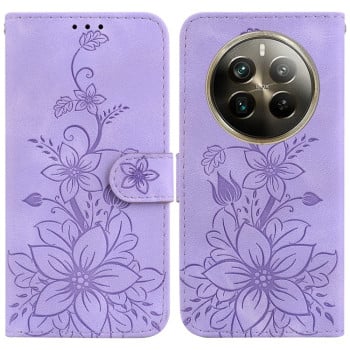 Чехол-книжка с тиснением Lily и магнитной застежкой на Realme 12 Pro / 12 Pro+ - фиолетовый