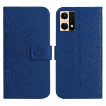 Чехол-книжка Skin Feel с рисунком подсолнуха на OPPO Reno7 4G/Reno8 4G - темно-синий