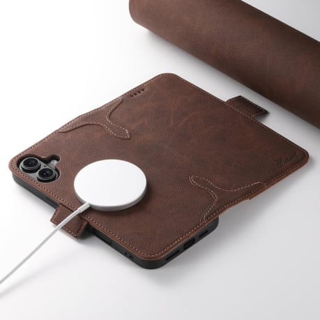 Чехол-книжка SUTENI J07 Multifunctional с Magsafe и магнитным хлястиком на iPhone 17 - коричневый