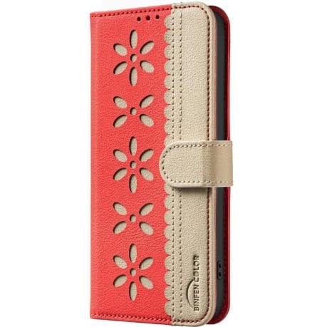 Чехол-книжка Splicing Color Hollow Flower Pattern RFID для Xiaomi Poco F7 5G - красный