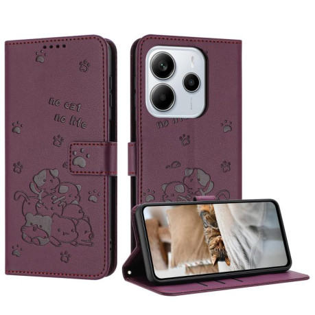 Чехол-книжка Embossed Kitten Phone Leather для Xiaomi Redmi Note 14 4G 164.84mm - винно-красный