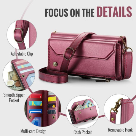 Чехол-книжка CaseMe C36 Card Slots Zipper Wallet RFID Anti-theft Leather для Google Pixel 9a - винно-красный