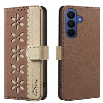 Чохол-книжка Splicing Color Hollow Flower Pattern RFID на Samsung Galaxy A37 5G — коричневий