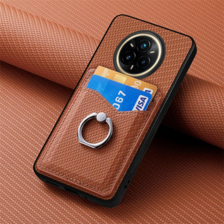Противоударный чехол Carbon Fiber Card Wallet Ring Holder для Realme 14 Pro+ - коричневый