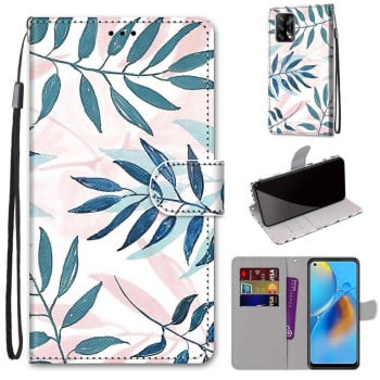 Чехол-книжка Coloured Drawing Cross для OPPO F19 / A74 4G - Pink Green Leaf