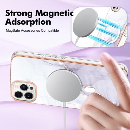 Противоударный чехол Marble Pattern Dual-side IMD Magsafe для iPhone 15 Pro Max - белый