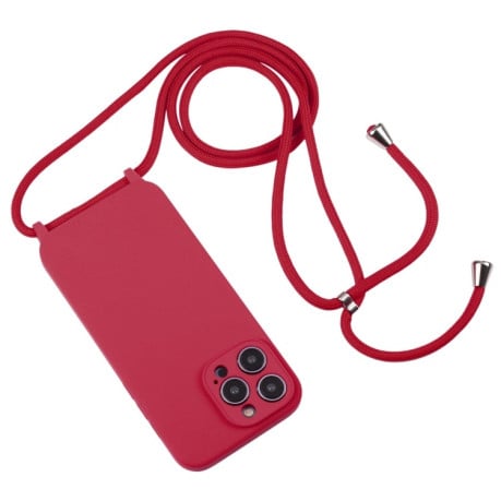 Чехол Crossbody Lanyard Liquid Silicone Caseна iPhone 15 Pro - пурпурно-красный