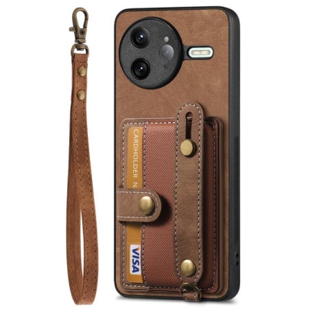 Противоударный чехол Retro Cross Wristband Wallet Leather для Redmi K80 Pro / Poco F7 Ultra - коричневый