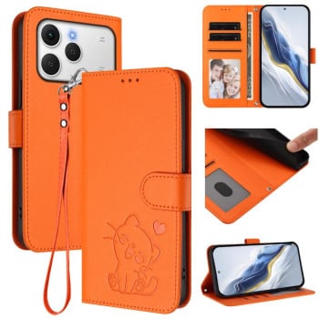 Чехол-книжка Escase с рельефным котом и ремешком на Tecno Spark 40 4G — оранжевый