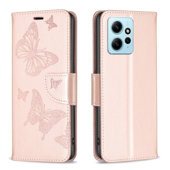 Чехол-книжка Butterflies Pattern для Xiaomi Redmi Note 12 4G - розовое золото