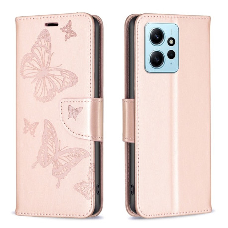 Чехол-книжка Butterflies Pattern для Xiaomi Redmi Note 12 4G - розовое золото