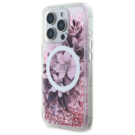 Оригінальний чохол Guess Liquid Glitter Flower MagSafe на iPhone 16 Pro Max - Pink
