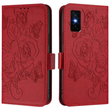 Чехол-книжка с тиснением Roseс магнитным хлястиком и защитой RFID на Infinix GT 30 Pro - красный