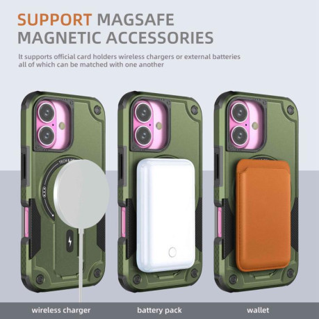 Противоударный чехол MagSafe Holder Armor PC Hybrid для iPhone 17 - зеленый