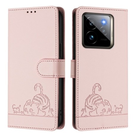 Чехол-книжка Cat Embossing Pattern на Realme GT 7 Pro 5G - розовый