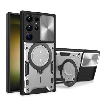 Чохол із шторкою камери CD фактурою та підставкою на Samsung Galaxy S23 Ultra 5G - сріблястий