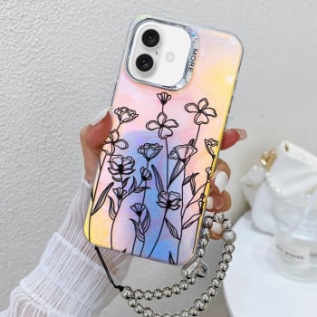 Чехол Electroplating Laser Flower Phone Case with Wrist Strap на iPhone 16 - Drawn Flowers