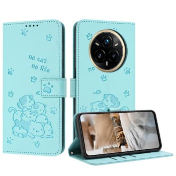Чехол-книжка Embossed Kitten Phone Leather для Realme 14 Pro+ - зеленый