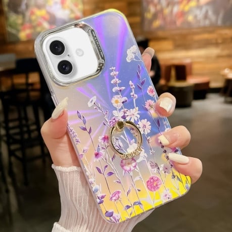 Противоударный чехол Electroplating Laser Flower Ring Holder TPU для iPhone 16 Plus - Flower
