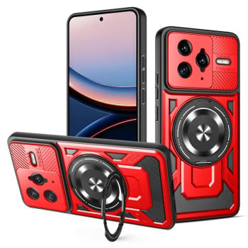 Ударозащитный чехол Transparent MagSafe Magnetic Rotating Ring Holder для Xiaomi Redmi K80 Pro / Poco F7 Ultra — красный