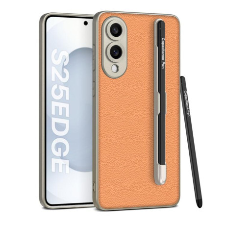 Противоударный чехол GKK Metal Paint Skin Feel Leather with Pen для Samsung Galaxy S25 Edge 5G - оранжевый