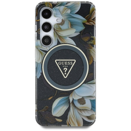 Оригинальный чехол Guess Glitter Flowers Triangle Buttons MagSafe для Samsung Galaxy S25 - black