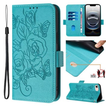 Чехол-книжка Embossed Rose RFID Anti-theft Leather для iPhone 16e - голубой