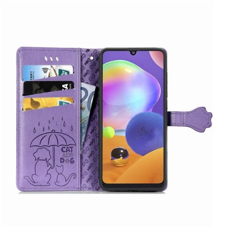 Чохол-книжка Cute Cat and Dog Embossed Samsung Galaxy A31 - фіолетовий