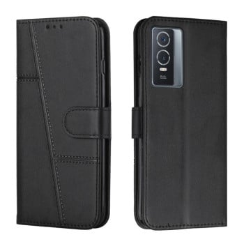 Чохол-книжка з прострочкою та фактурою Calf на Vivo Y76/Y76s - чорний