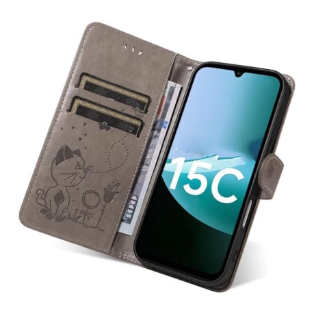 Чехол-книжка Cat Embossing Pattern на Xiaomi Redmi 15C 5G / 4G EU 173mm - серый