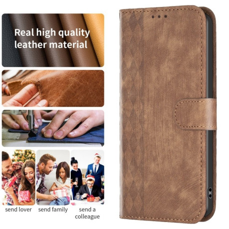 Чехол-книжка Plaid Embossed Leather для Xiaomi Redmi Note 13 5G - коричневый