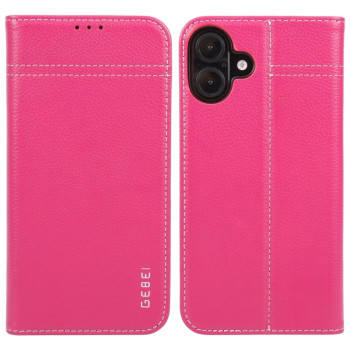 Противоударный чехол GEBEI Top-grain Horizontal Flip Leather для iPhone 16 - пурпурно-красный