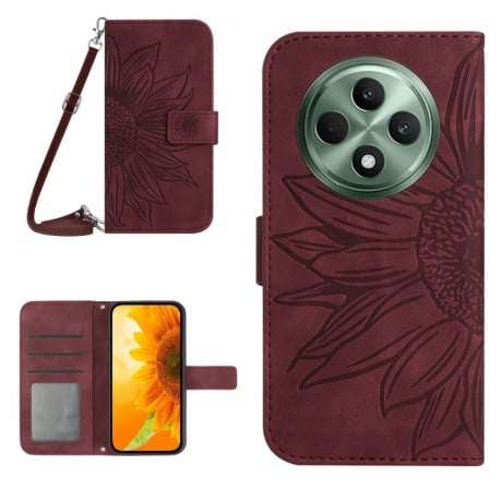 Чехол-книжка Skin Feel Sun Flower для OPPO Reno12 F/12 FS 5G Global - винно-красный