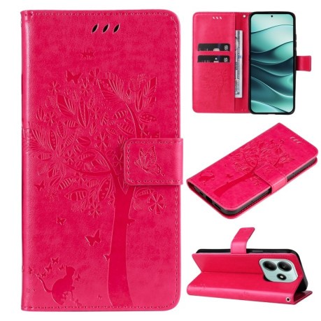 Чехол-книжка Happy Cat Pattern для Xiaomi Redmi Note 14 5G/Poco M7 Pro 5G - пурпурно-красный