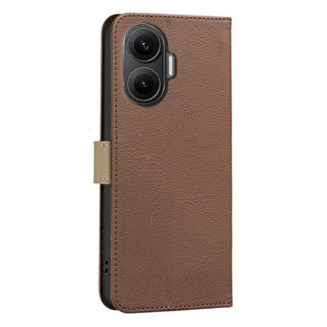 Чехол-книжка Splicing Color Hollow Flower Pattern RFID для Xiaomi Poco F7 5G - коричневый