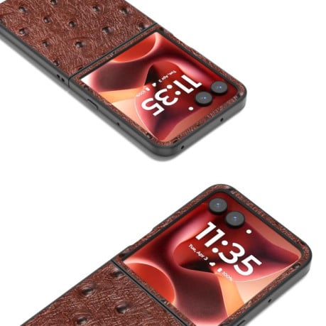 Кожаный чехол ABEEL Genuine Leather Ostrich Texture для Motorola Razr 60 Ultra - кофейный