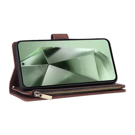 Чохол-книжка Multifunctional Frosted Zipper Wallet з матовою фактурою та ремінцем на Samsung Galaxy S25 FE 5G - кавовий