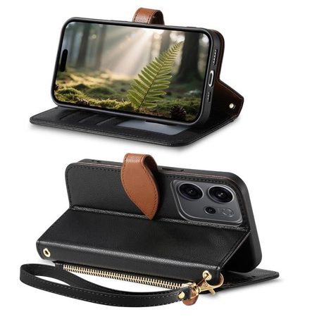 Чехол-книжка Leaf Buckle Zipper Wallet Leather with Strap на молнии с ремешком для OPPO Reno14 F 5G — чёрный