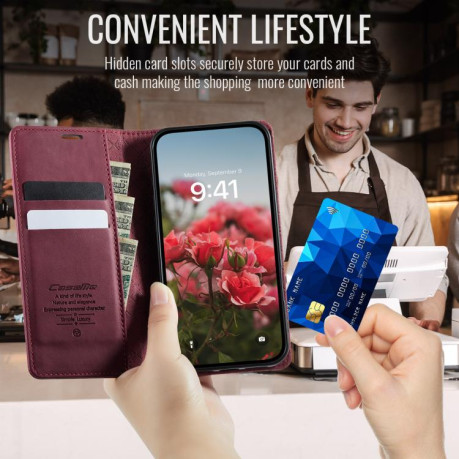 Чехол-книжка CaseMe 033 с фактурой Calf и защитой от сканирования RFID для iPhone 17 — красный