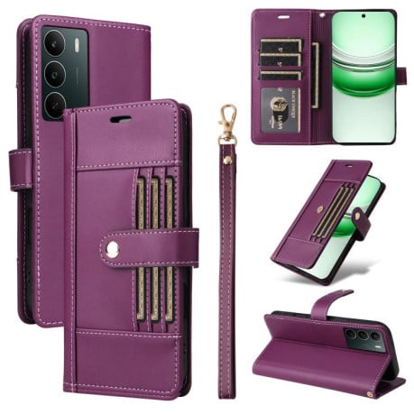 Чехол-книжка Six Card Slots Buckle Leather with Lanyard на Realme C75 - фиолетовый
