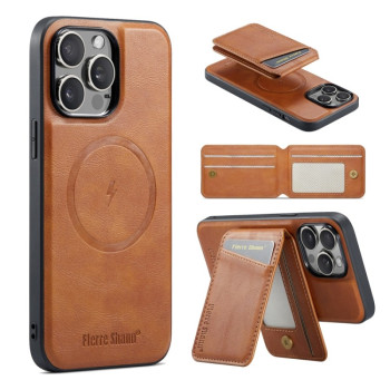 Чехол Fierre Shann Oil Wax Cow Leather Magnetic Card Holder на iPhone 16 Pro - коричневый