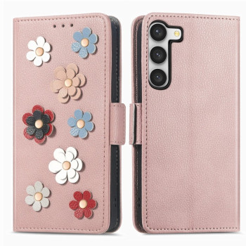 Чехол-книжка Stereoscopic Flowers для Samsung Galaxy S23+ 5G - розовое золото