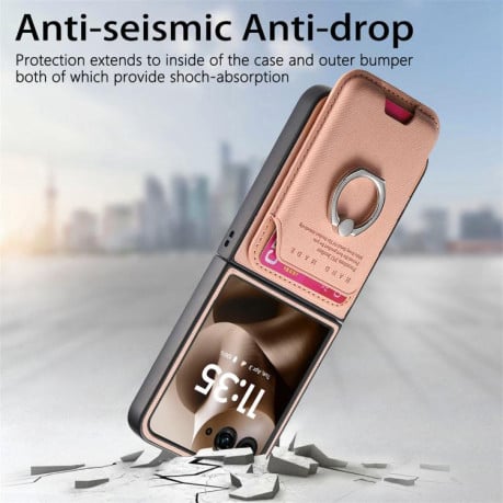 Противоударный чехол Twill Fabric Card Bag Ring Magnetic для Motorola Moto Razr 60 Ultra 5G - рожевий