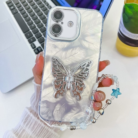 Протиударний чохол Plating Glitter Lens Film Texture Butterfly Holder Wristband для iPhone 16 Plus - White Feathers