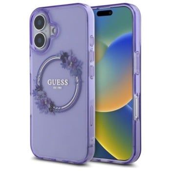 Оригинальный чехол Guess IML Flowers Wreath MagSafe для iPhone 16 - Purple