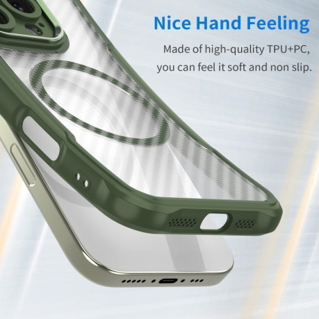 Ударозахисний чохол Carbon Fiber Texture MagSafe Translucent на iPhone 16e - зелений