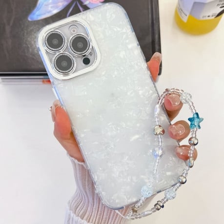 Противоударный чехол Plating Glitter Texture Chain для iPhone 16 Pro - White Shell Pattern