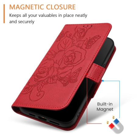 Чехол-книжка Embossed Rose RFID Anti-theft Leather для Realme GT 6T 5G Global - красный