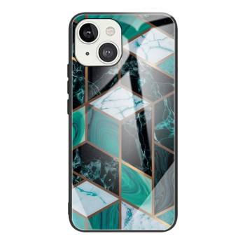 Противоударный стеклянный чехол Marble Pattern Glass на iPhone 14/13 - Rhombus Dark Green