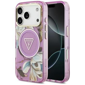Оригинальный чехол Guess IML Glitter Flowers Triangle с MagSafe на iPhone 17 Pro / 18 Pro - Purple